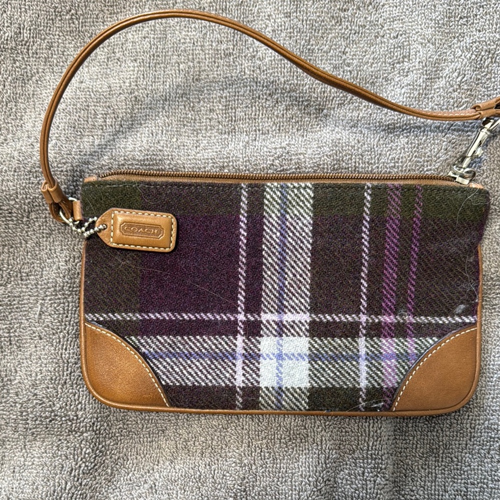 Coach Purple and Brown Plaid Wristlet